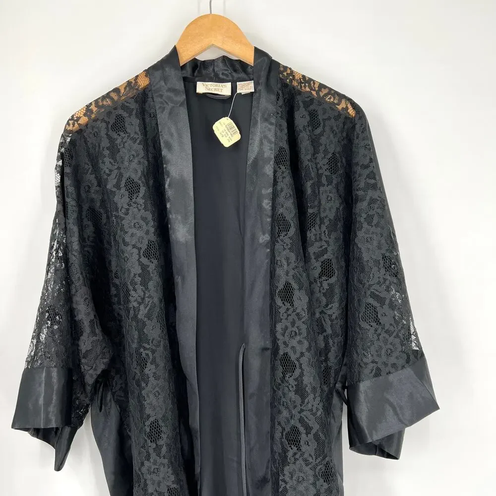Vintage Victoria's Secret Gold Label Black Satin Lace Robe NWT